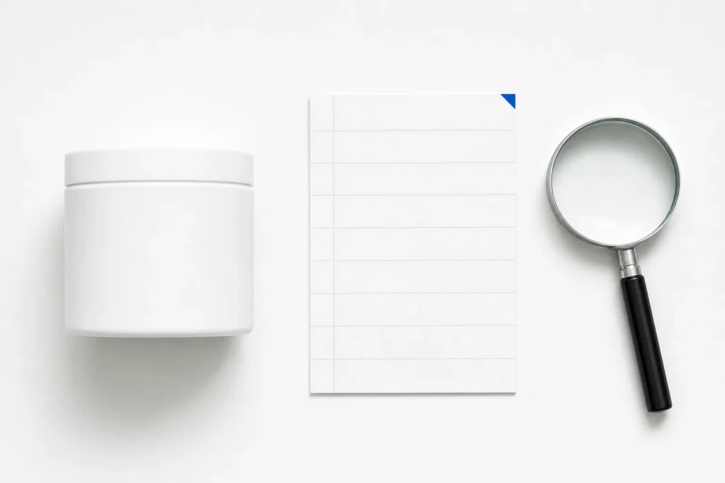 Gesloten merkloos potje naast een blanco ingrediëntenkaart en vergrootglas op een wit bureau.