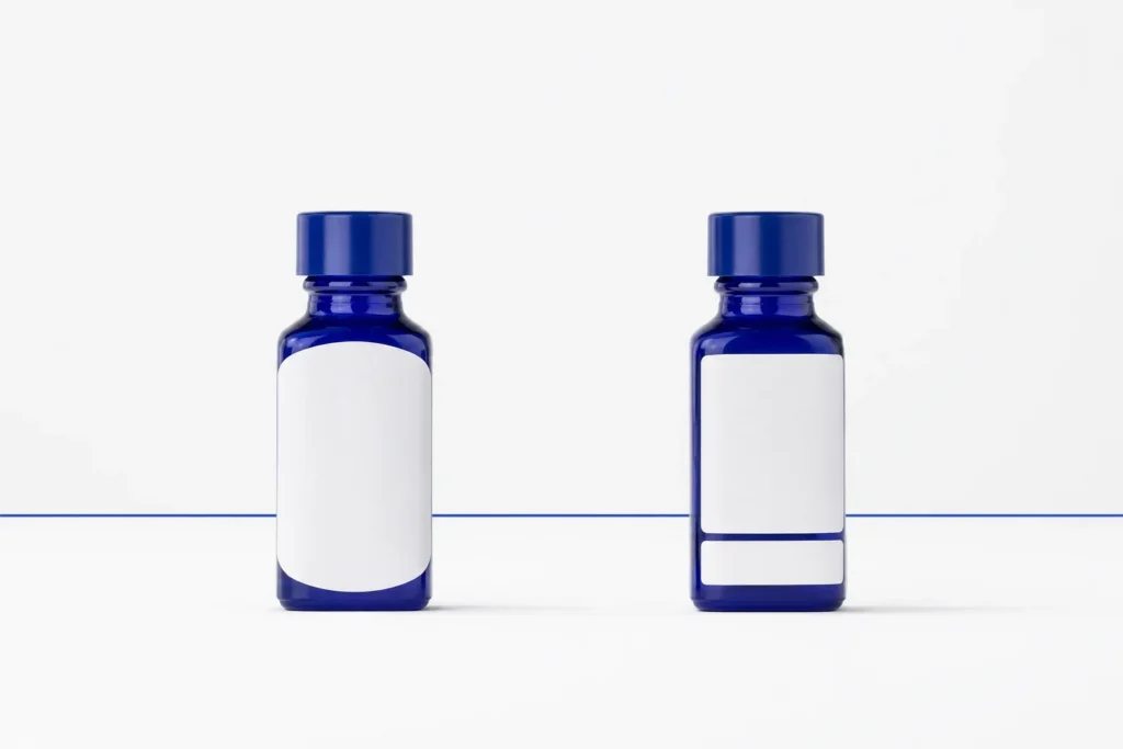 Twee gesloten blauwe flesjes met vergelijkbare voorlabels en verschillende blanco achteretiketten.