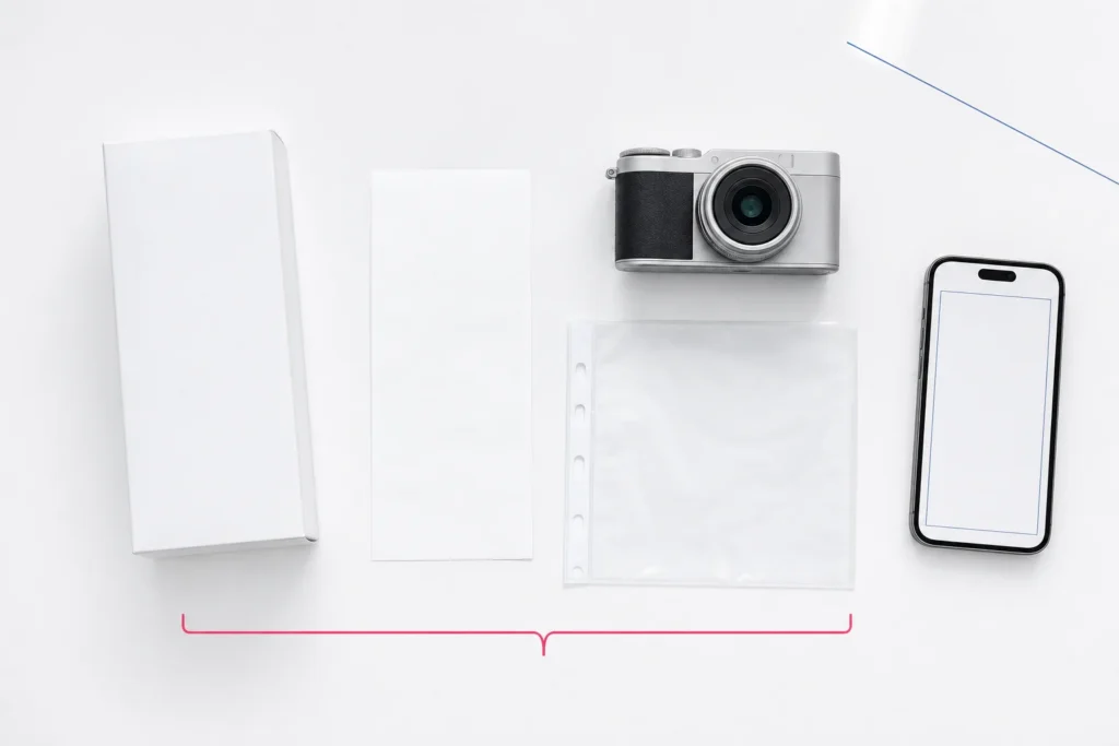 Gesloten verpakking, aankoopbon, camera en transparante documenthoes liggen naast een telefoon met leeg formulier.