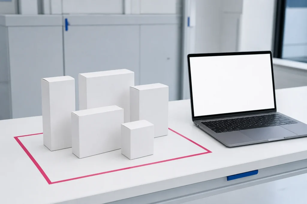 Vijf gesloten merkloze productdozen staan binnen een frambozen inspectiezone naast een laptop met leeg scherm.