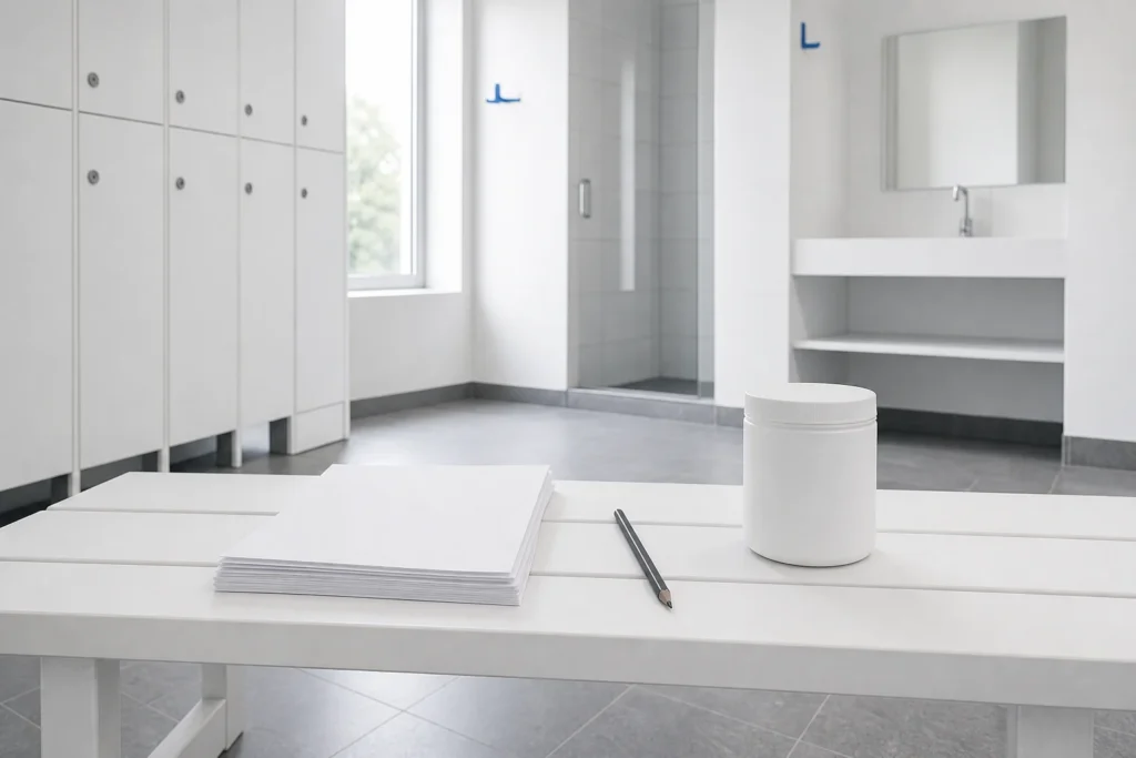 Anonieme vragenlijsten en een gesloten merkloze verpakking liggen op een witte bank in een lege fitnesskleedkamer.