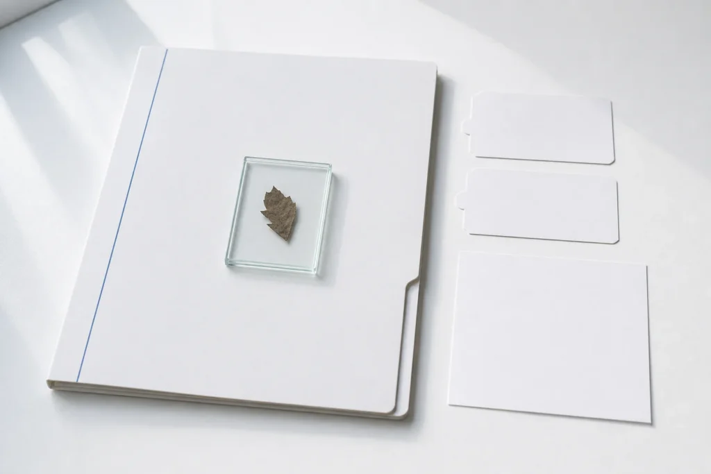 Verzegelde botanische dossiermap naast twee blanco juridische tabbladen en een kalenderkaart zonder cijfers.