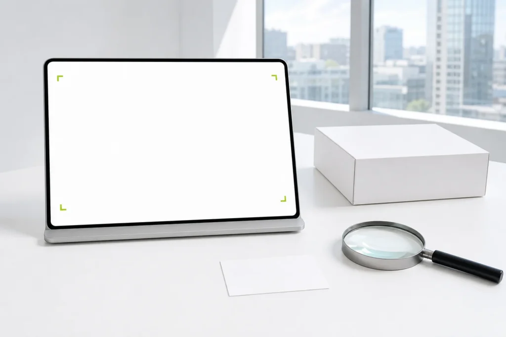 Laptop met lege productpagina naast een gesloten verpakking, blanco bedrijfskaart en vergrootglas.