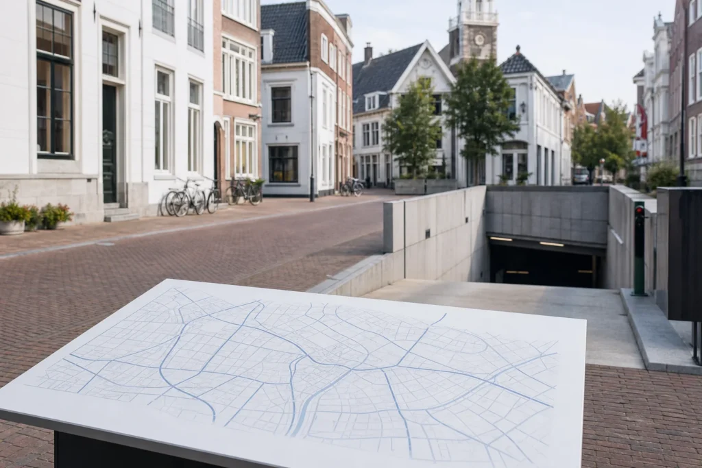 Alkmaarse centrumstraat met neutrale parkeergarage-ingang en een abstracte stratenkaart zonder leesbare route.
